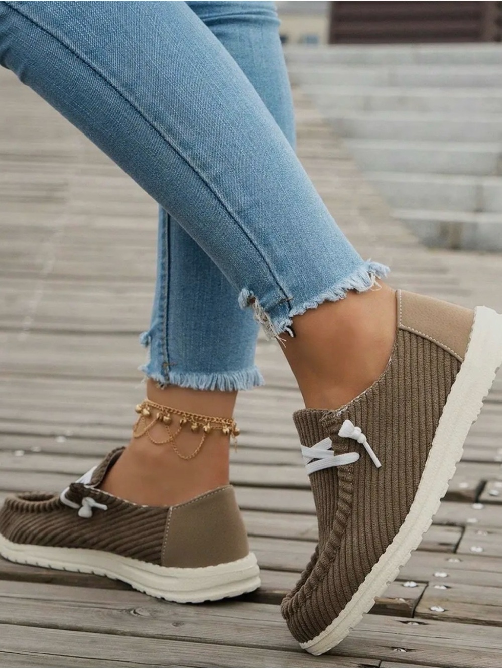 Women’s Taupe Knit Slip-On Loafers with White Sole